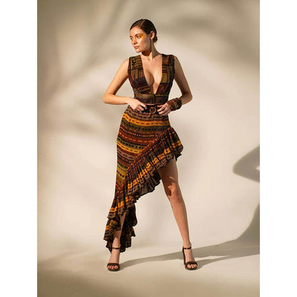 Nikita Mhaisalkar Multicolour Stripe Print Ruffle Skirt with Belt (Set of 2)