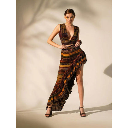 Nikita Mhaisalkar Multicolour Stripe Print Ruffle Skirt with Belt (Set of 2)