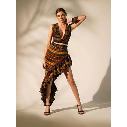 Nikita Mhaisalkar Multicolour Stripe Print Ruffle Skirt with Belt (Set of 2)