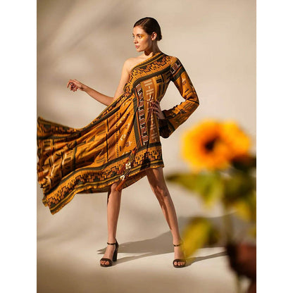 Nikita Mhaisalkar Mustard Aztec One Shoulder Dress (Set of 2)