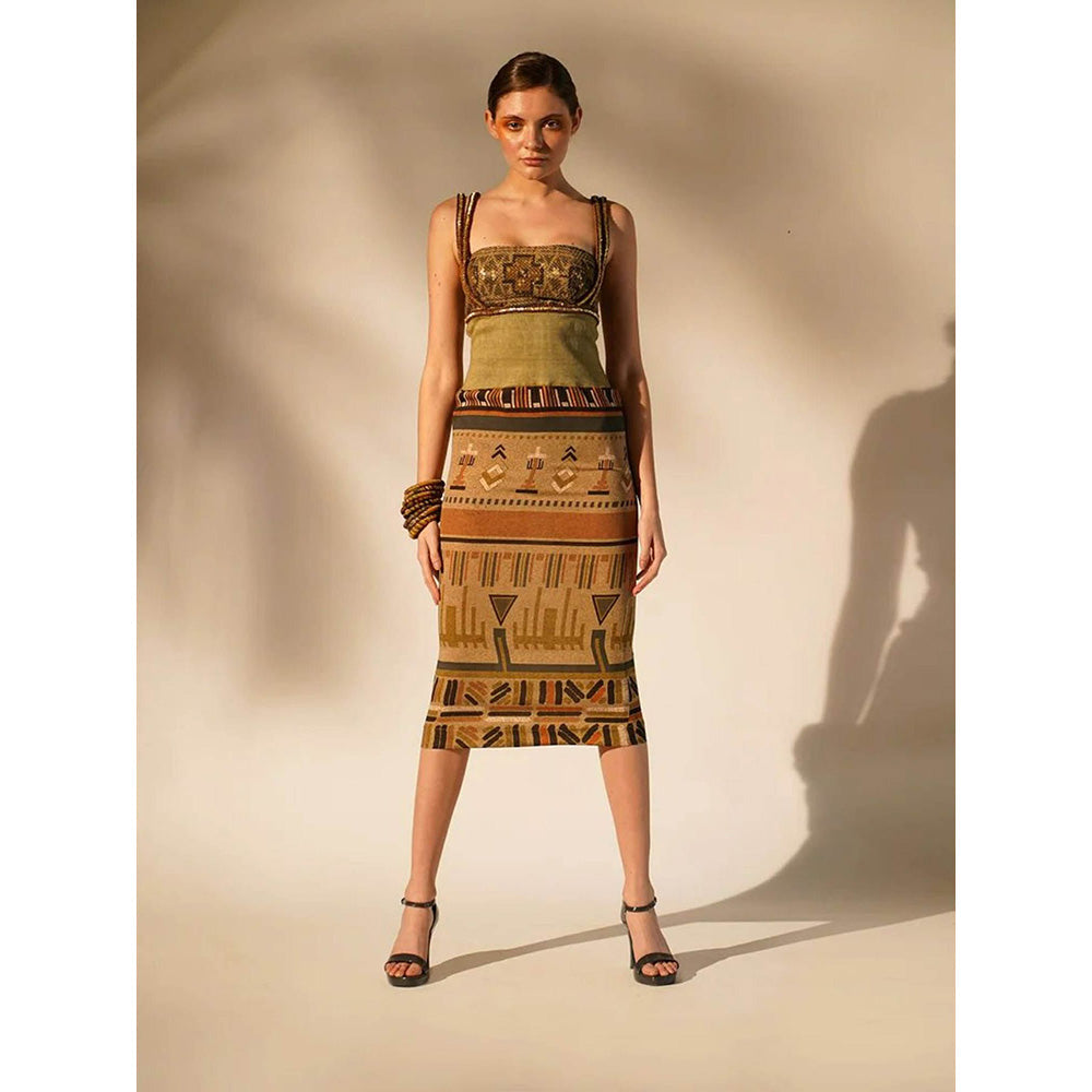 Nikita Mhaisalkar Green Aztec Print Rib Dress with Inner and Wooden Embellishment (Set of 2)