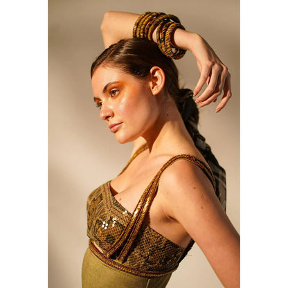 Nikita Mhaisalkar Green Aztec Print Rib Dress with Inner and Wooden Embellishment (Set of 2)