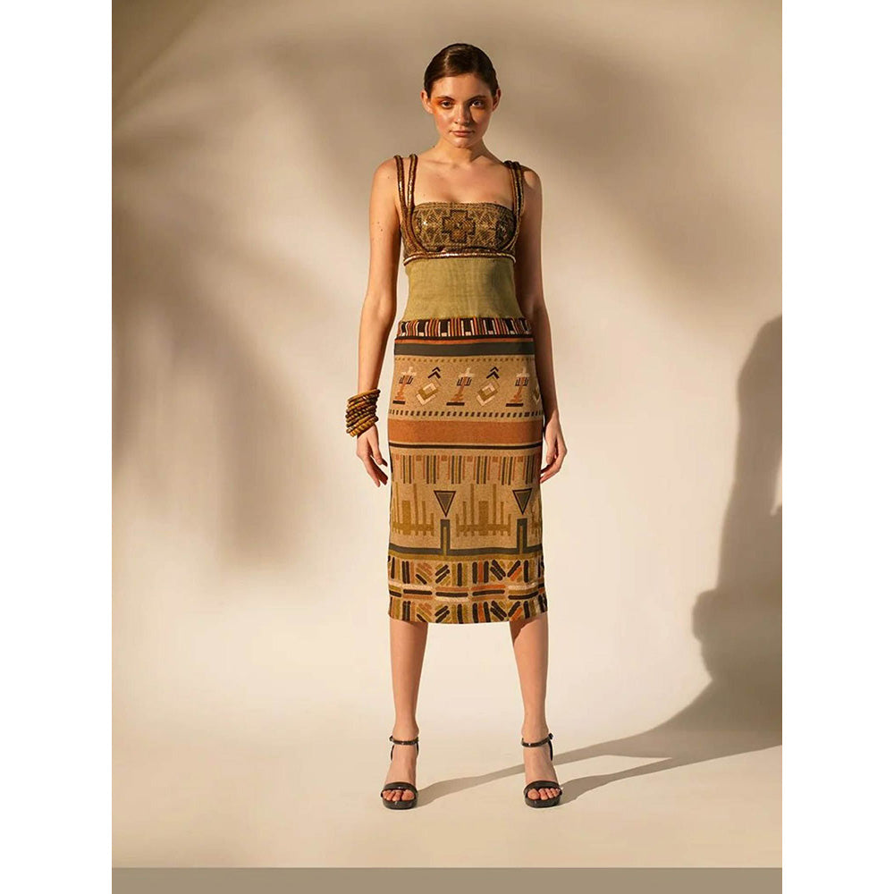 Nikita Mhaisalkar Green Aztec Print Rib Dress with Inner and Wooden Embellishment (Set of 2)