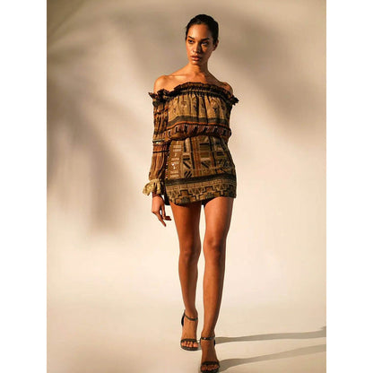 Nikita Mhaisalkar Green Aztec Print Off Shoulder Top with Hand Thread and Wooden