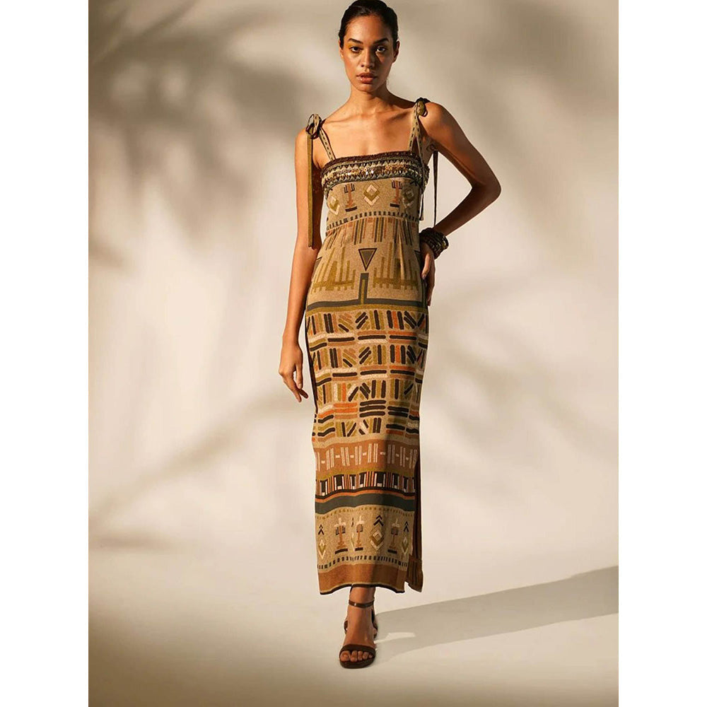 Nikita Mhaisalkar Green Aztec Tube Dress with Hand Thread and Wooden Embellishment