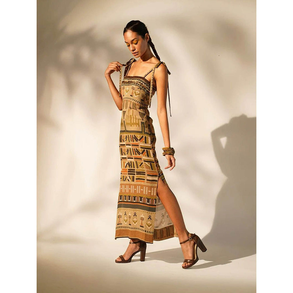 Nikita Mhaisalkar Green Aztec Tube Dress with Hand Thread and Wooden Embellishment