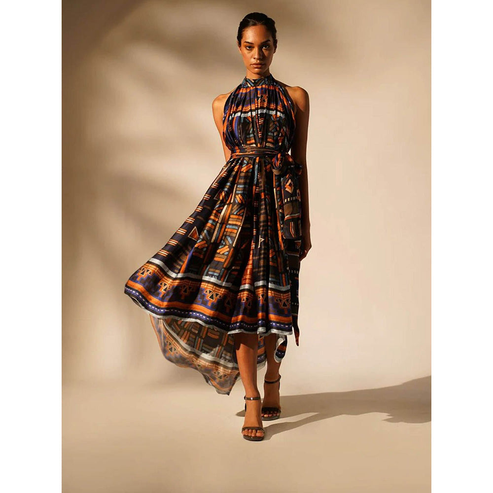 Nikita Mhaisalkar Oxblue Aztec Mandarin Neck Dress with Belt (Set of 2)