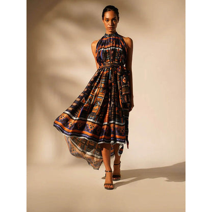 Nikita Mhaisalkar Oxblue Aztec Mandarin Neck Dress with Belt (Set of 2)