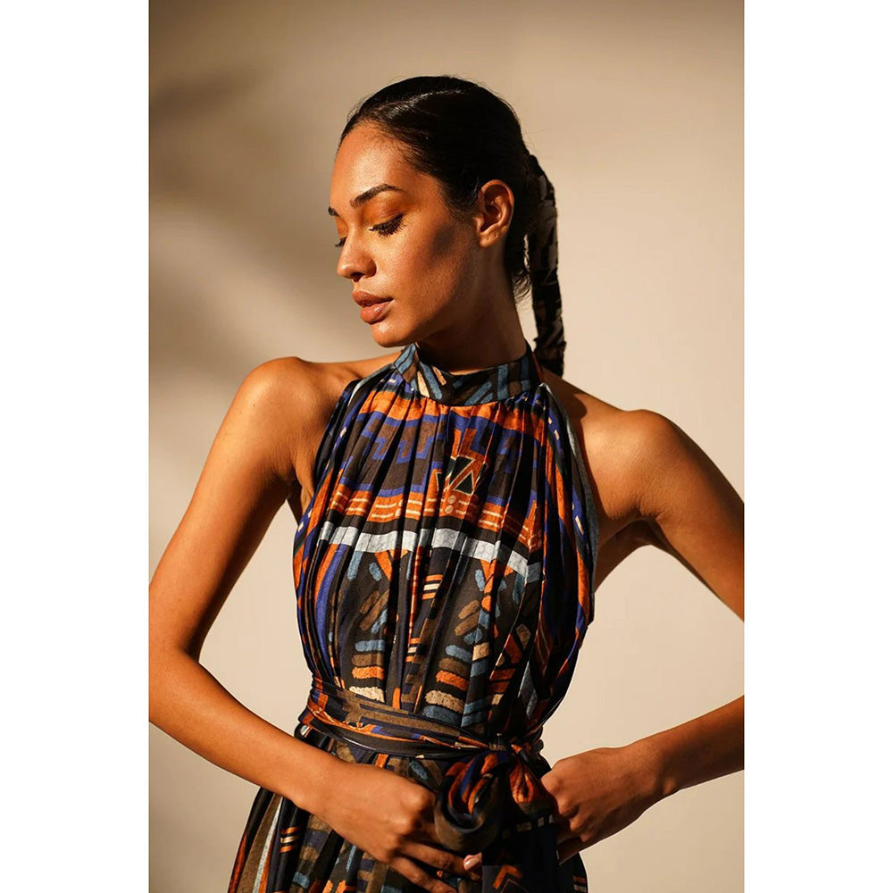 Nikita Mhaisalkar Oxblue Aztec Mandarin Neck Dress with Belt (Set of 2)