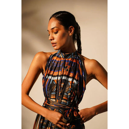 Nikita Mhaisalkar Oxblue Aztec Mandarin Neck Dress with Belt (Set of 2)