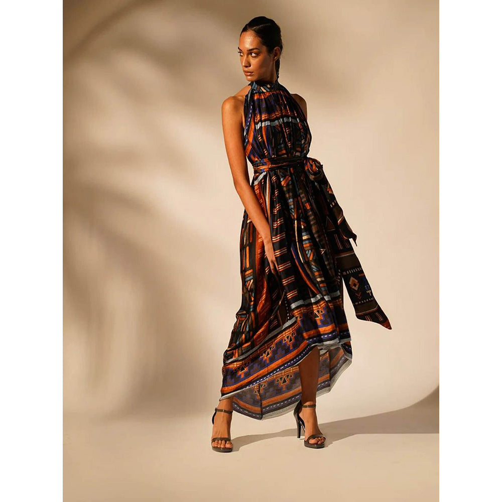 Nikita Mhaisalkar Oxblue Aztec Mandarin Neck Dress with Belt (Set of 2)