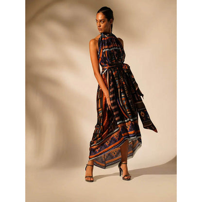 Nikita Mhaisalkar Oxblue Aztec Mandarin Neck Dress with Belt (Set of 2)