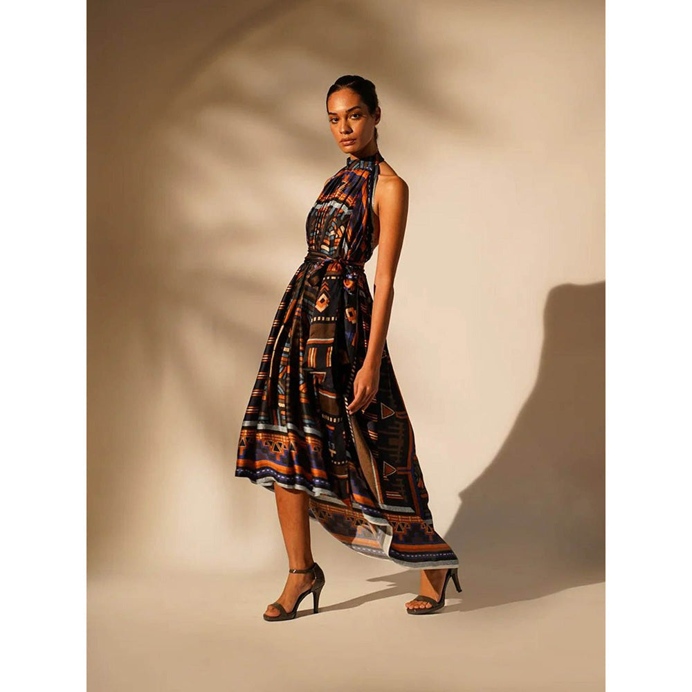 Nikita Mhaisalkar Oxblue Aztec Mandarin Neck Dress with Belt (Set of 2)