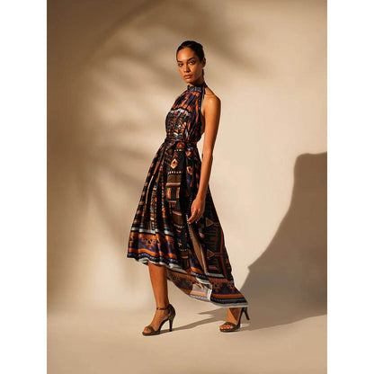 Nikita Mhaisalkar Oxblue Aztec Mandarin Neck Dress with Belt (Set of 2)