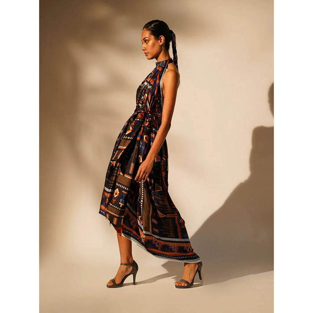 Nikita Mhaisalkar Oxblue Aztec Mandarin Neck Dress with Belt (Set of 2)