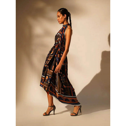 Nikita Mhaisalkar Oxblue Aztec Mandarin Neck Dress with Belt (Set of 2)