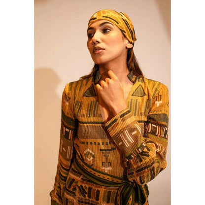 Nikita Mhaisalkar Mustard Aztec Print Maxi with Belt (Set of 2)