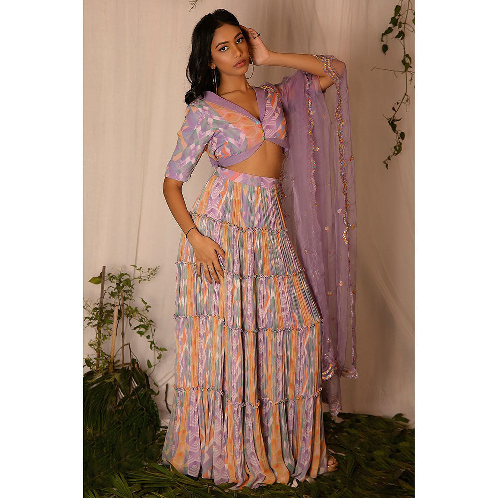 Nirmooha Purple Printed Blouse and Tiered Skirt with Embroidered Dupatta