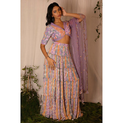 Nirmooha Purple Printed Blouse and Tiered Skirt with Embroidered Dupatta