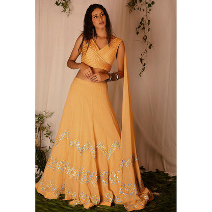 Nirmooha Yellow Embellished Blouse with Attached Dupatta and Hand Embroidered Lehenga