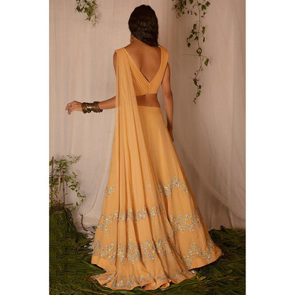 Nirmooha Yellow Embellished Blouse with Attached Dupatta and Hand Embroidered Lehenga