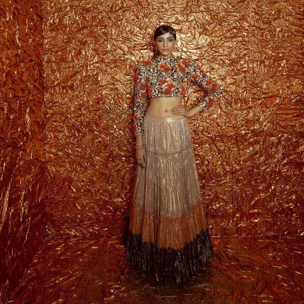 Nirmooha Orange Sunflower Embellished Blouse and Lehenga