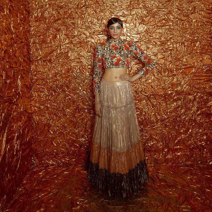 Nirmooha Orange Sunflower Embellished Blouse and Lehenga
