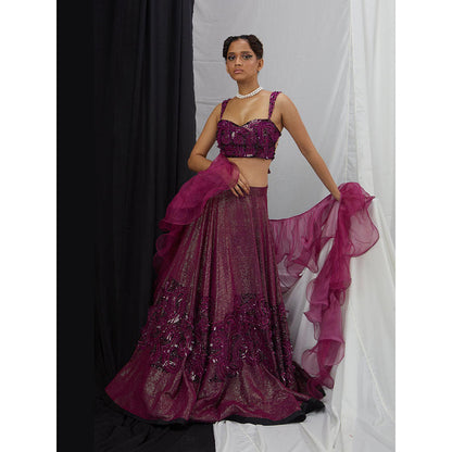 Nirmooha Wine Backless Blouse and Embellished Lehenga with Ruffle Dupatta
