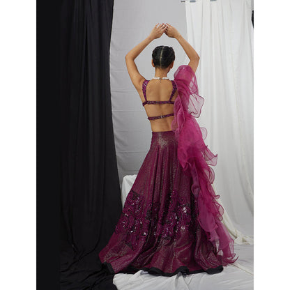 Nirmooha Wine Backless Blouse and Embellished Lehenga with Ruffle Dupatta