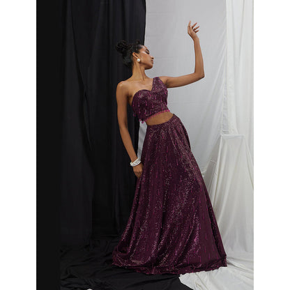 Nirmooha Burgundy Embellished One Shoulder Lehenga with Attached Dupatta