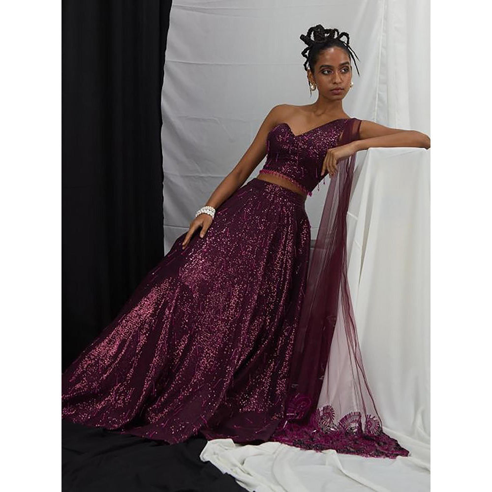 Nirmooha Burgundy Embellished One Shoulder Lehenga with Attached Dupatta