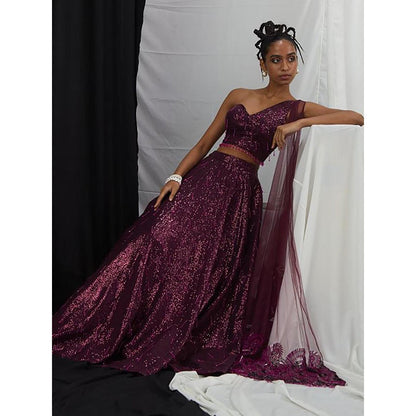 Nirmooha Burgundy Embellished One Shoulder Lehenga with Attached Dupatta