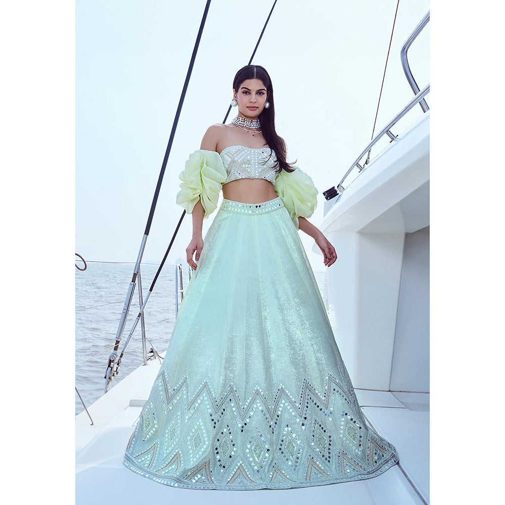 Nirmooha Green Embellished Blouse with Detachable Puff Sleeves and Lehenga