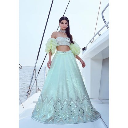Nirmooha Green Embellished Blouse with Detachable Puff Sleeves and Lehenga