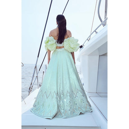 Nirmooha Green Embellished Blouse with Detachable Puff Sleeves and Lehenga