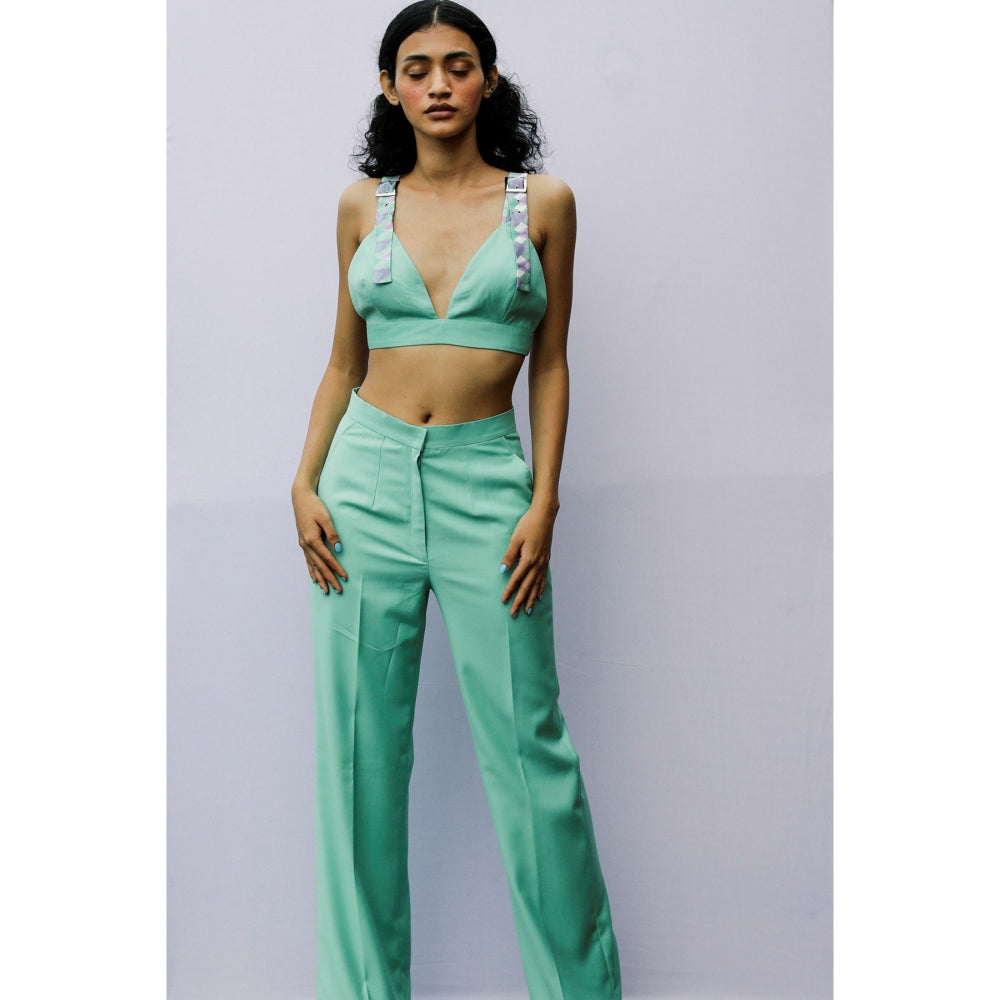 Nirmooha Green Soli Bralette with Blazer and Pant with Belt
