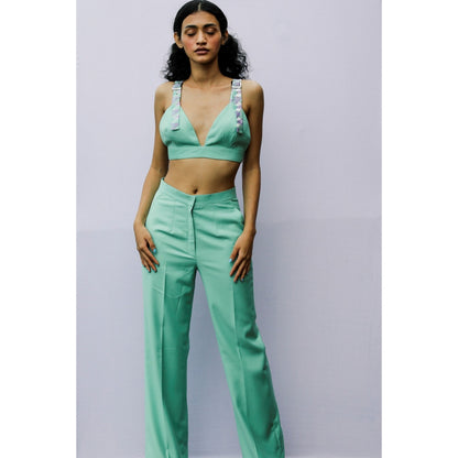 Nirmooha Green Soli Bralette with Blazer and Pant with Belt