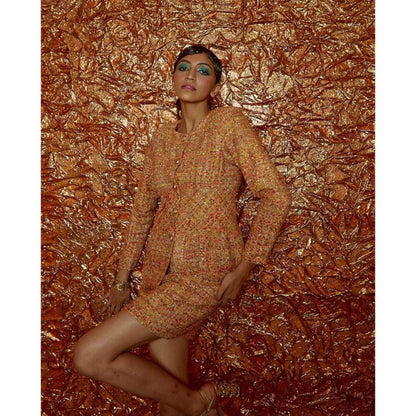 Nirmooha Gold Tweed Jacket and Skirt with Belt