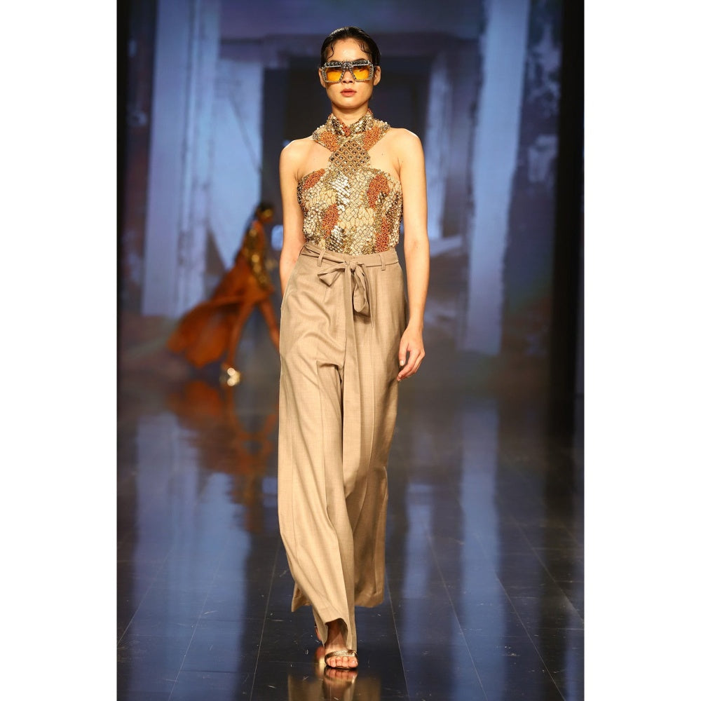 Nirmooha Brown Embroidered Bodysuit and Pant with Belt