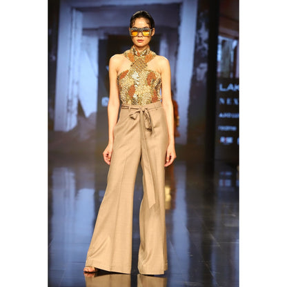 Nirmooha Brown Embroidered Bodysuit and Pant with Belt