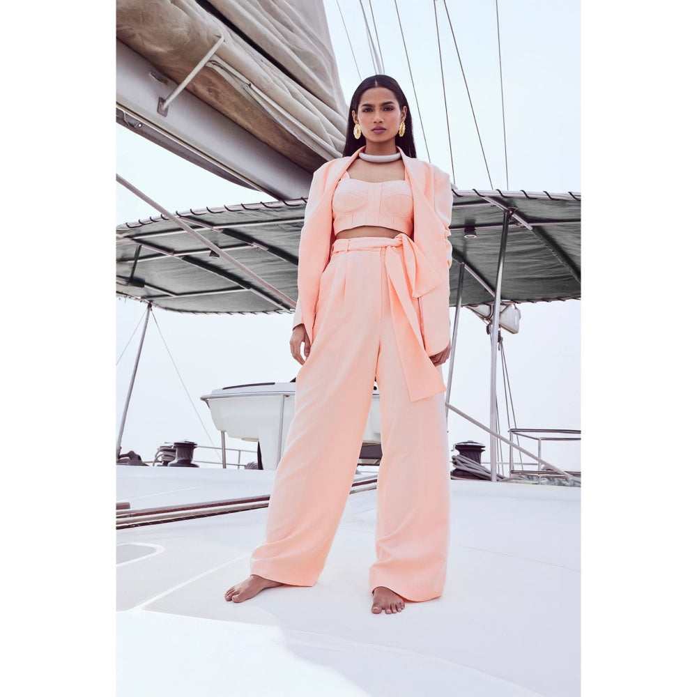 Nirmooha Peach Power Chic Belted Blazer and Pant with Bustier