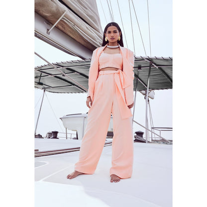 Nirmooha Peach Power Chic Belted Blazer and Pant with Bustier