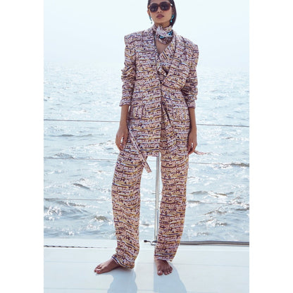 Nirmooha Peach Sequin Printed Blazer and Pant with Belt with Vest Top