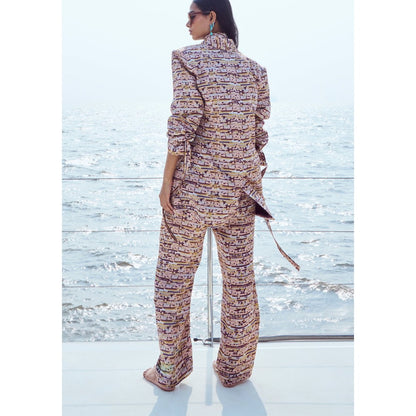 Nirmooha Peach Sequin Printed Blazer and Pant with Belt with Vest Top