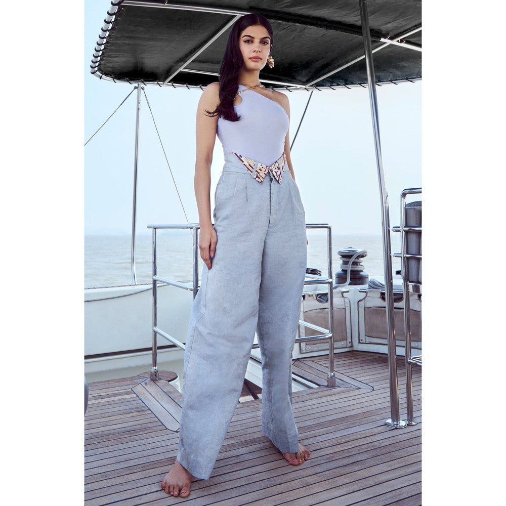 Nirmooha Grey Pearl Bodysuit and Pleated Pant with Belts