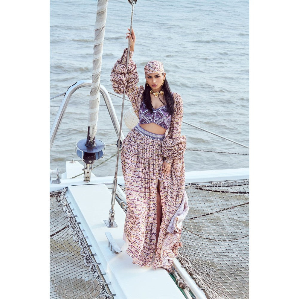 Nirmooha Peach Sequin Printed Hand Embroidered Skirt with Belt
