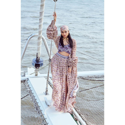 Nirmooha Peach Sequin Printed Hand Embroidered Skirt with Belt