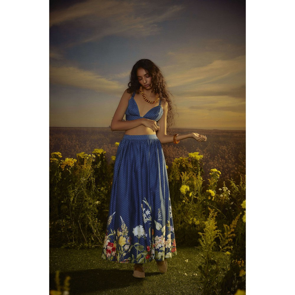 Nirmooha Blue Celestial Charm Bralette and Skirt with Belt