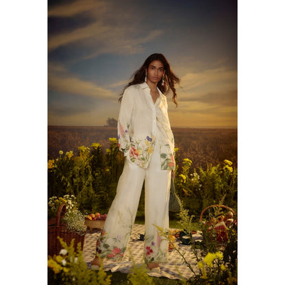 Nirmooha White Sunny Meadow Ensemble Shirt and Pant with Belt