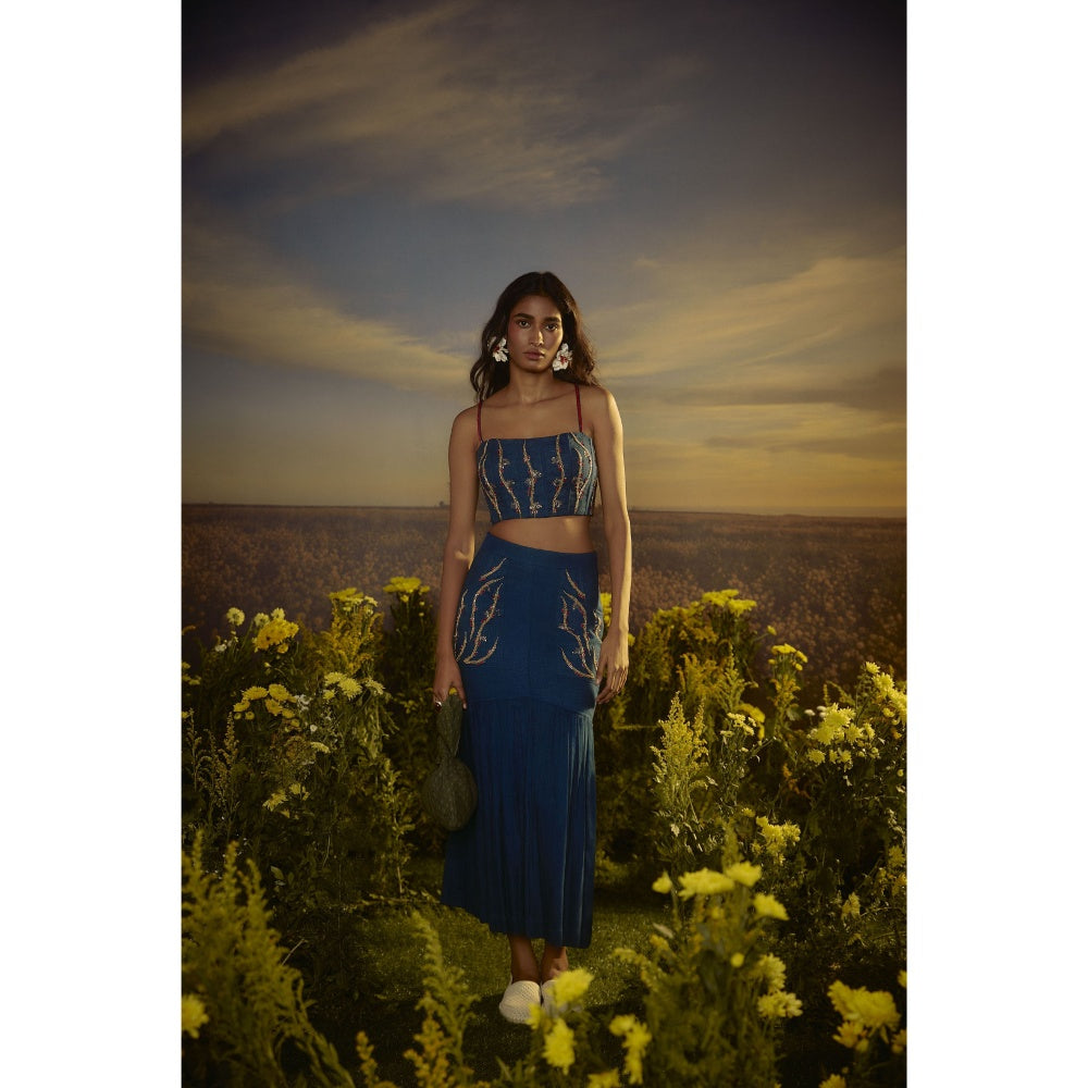 Nirmooha Blue Effortless Edge Bralette and Skirt with Belt
